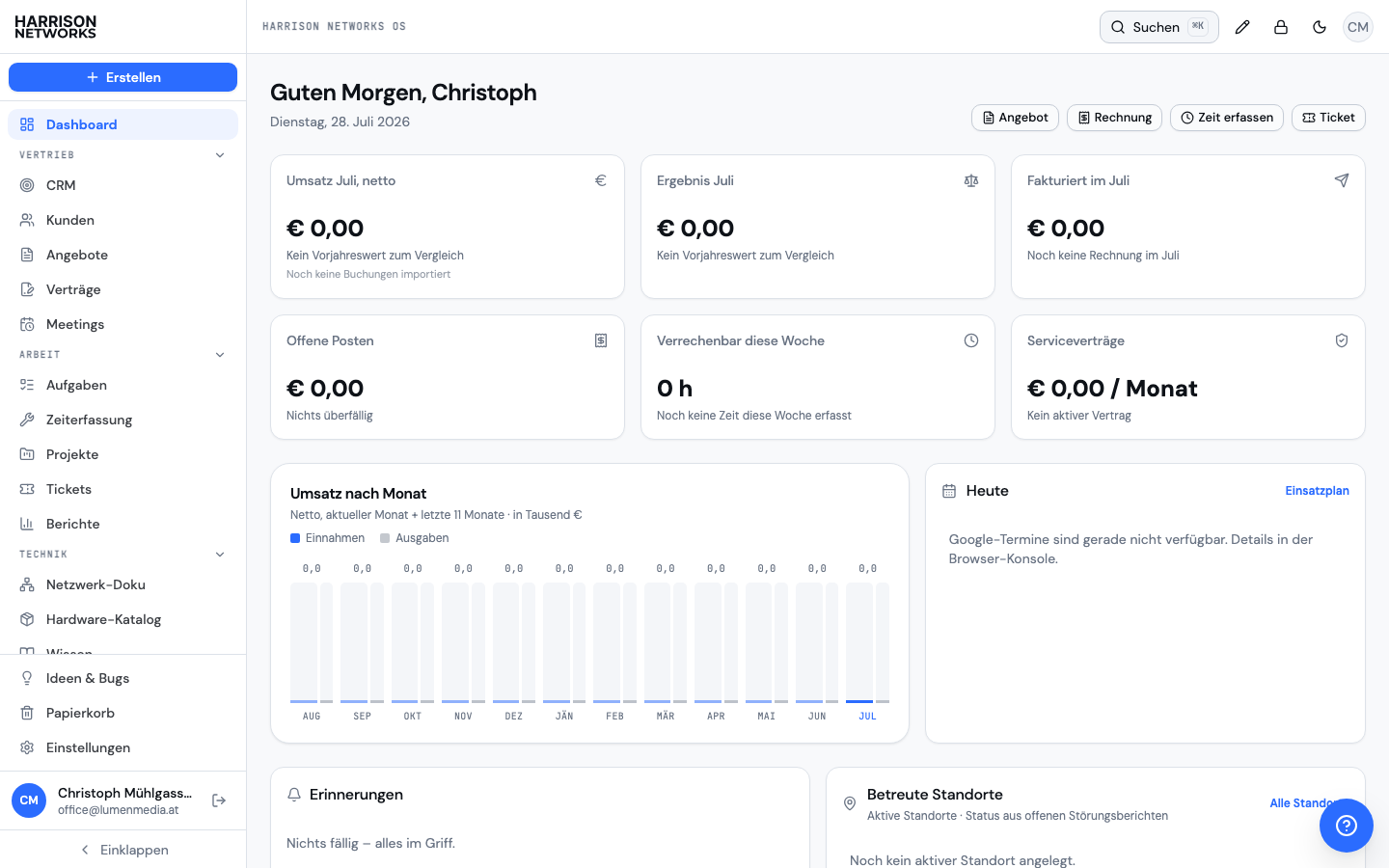 Dashboard der Harrison OS Webanwendung